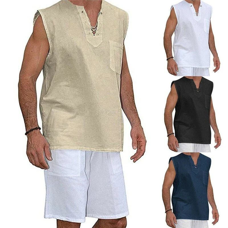 Men's Sexy Neck Thin Blouse, Casual Cotton Linen Top for Summer