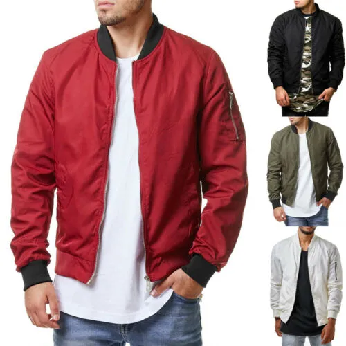 Men Warm Casual Jacket, Zipper Coat, Solid Color Windbreaker Outwear