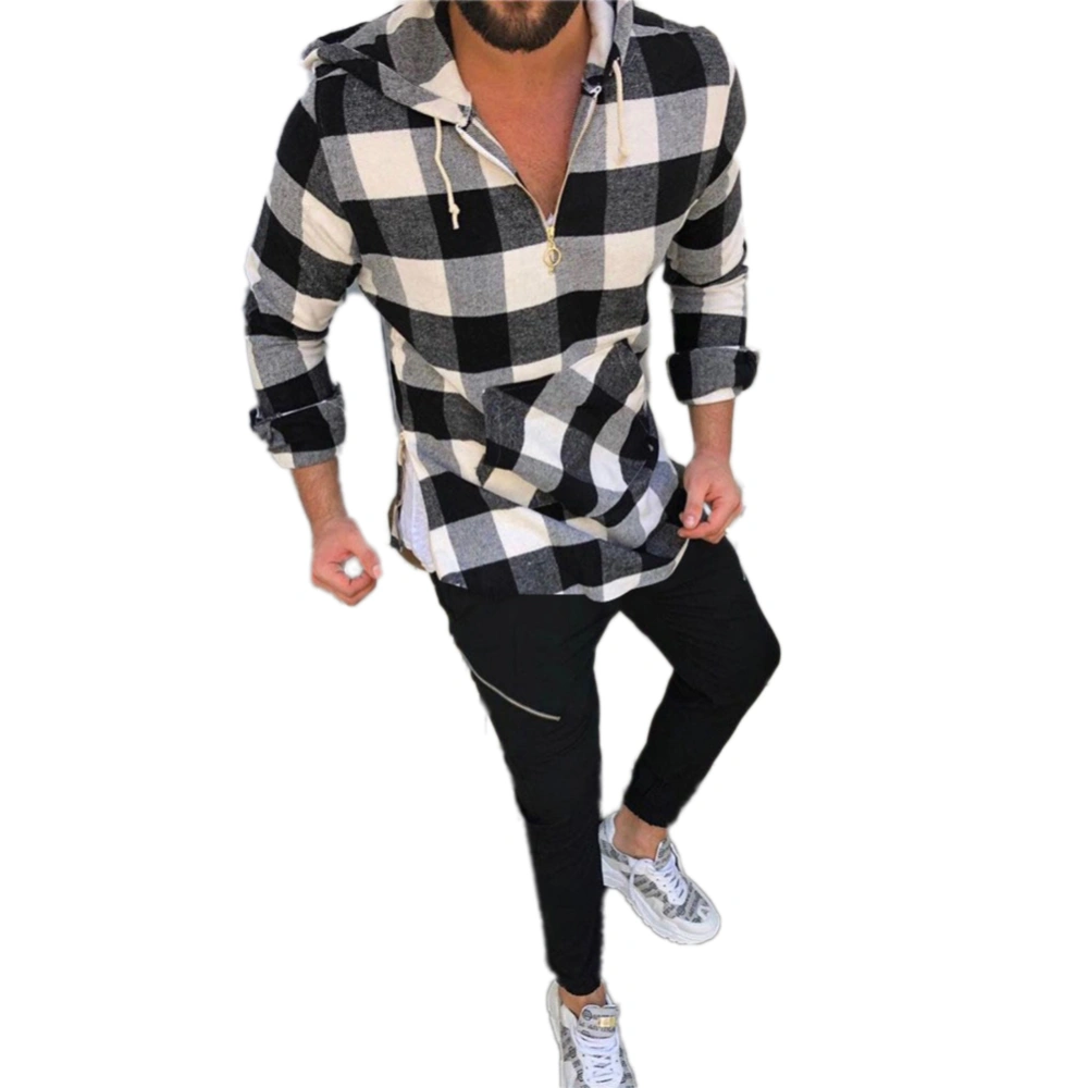 Men's Half Zip Hooded Pullover Regular Fit Plaid Hoodie Sweatshirt