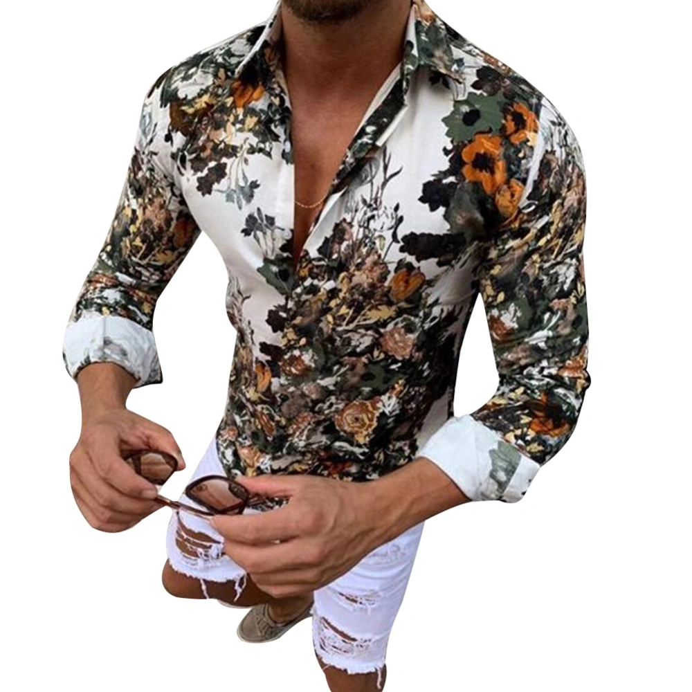 Men's Tops Full-Sleeve Pattern Printing Button Closure Skin-Friendly Blouse