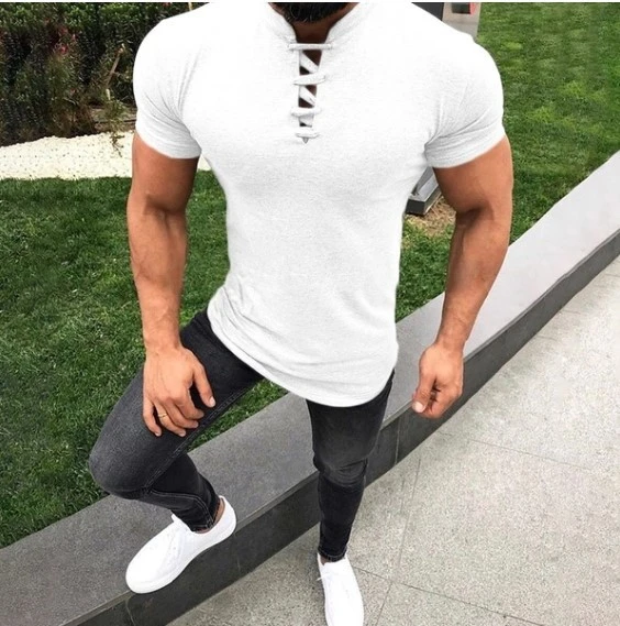 Men's Skinny Lace Up Blouse, Pure Color Sports Tee Shirt with Bandage