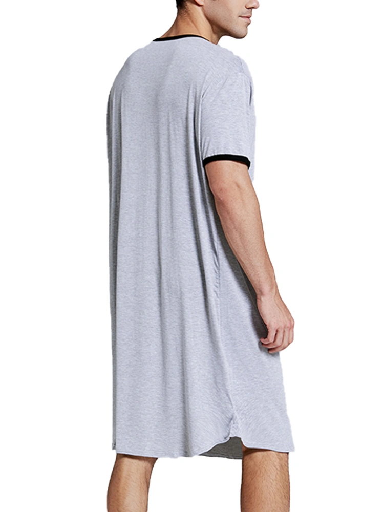 Men's Nightgown Short Sleeve V-neck Loose Pajamas Oversized Nightshirt