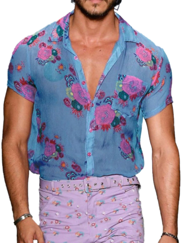 Summer Men Floral Print Shirt, Buttons See-Through Loose Lapel Top