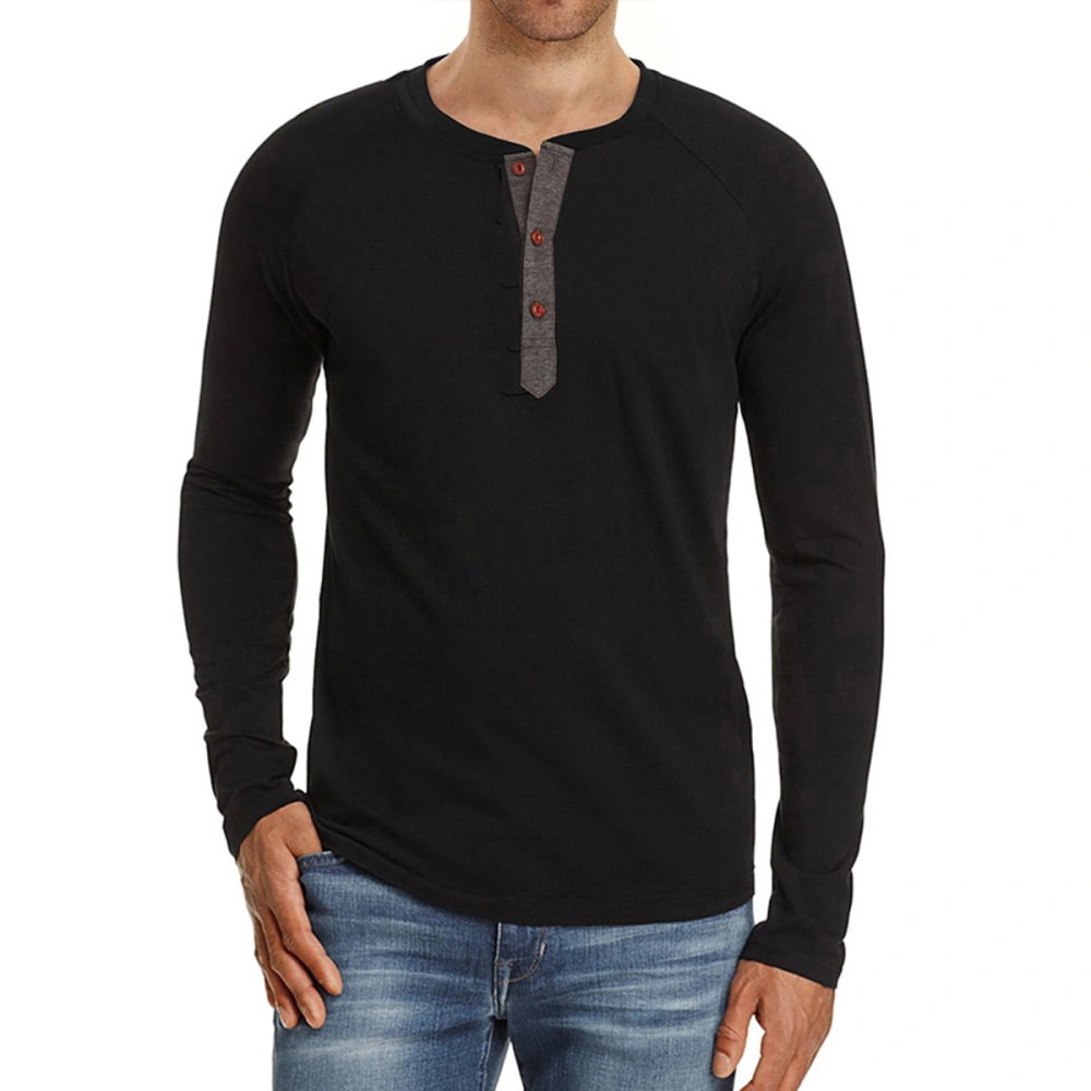 Male Button Casual T-Shirt, Crew Neck Long Sleeve Slim Fit Pullover