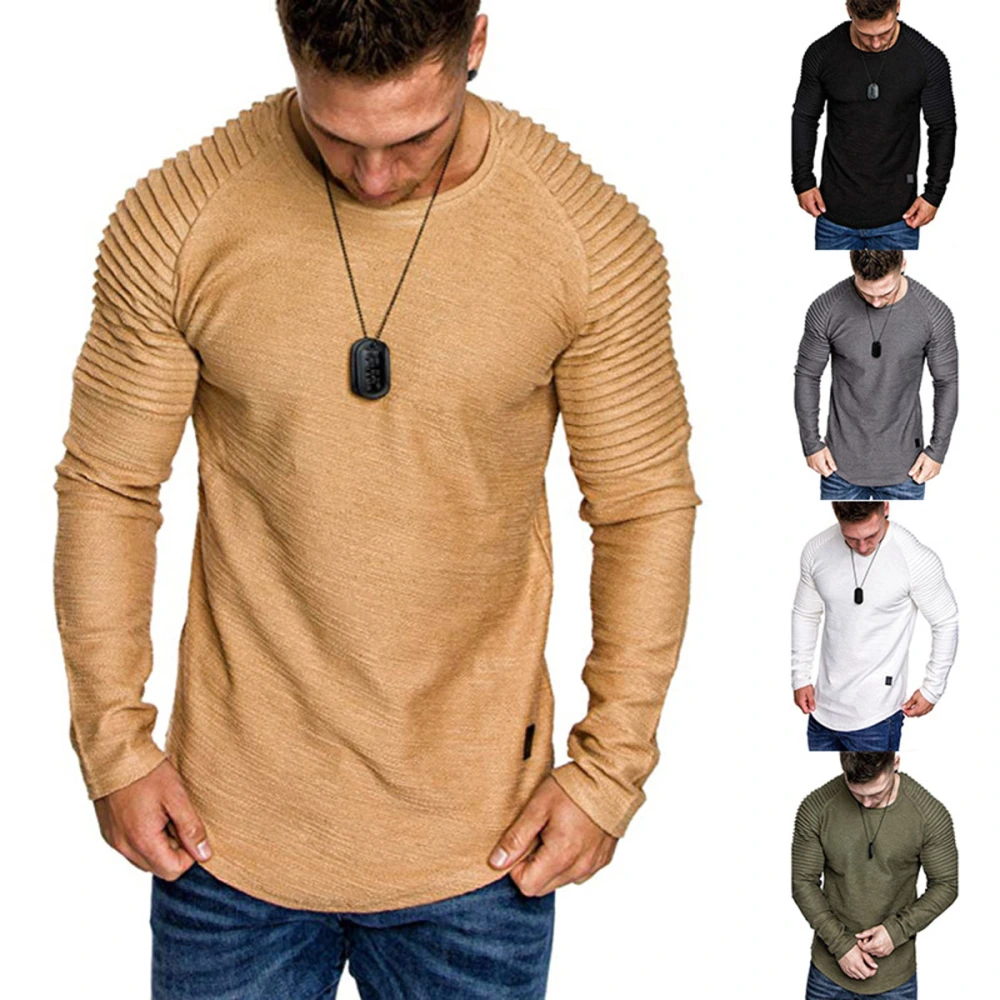 Men's Long Sleeve Casual T-Shirt, Plain Color Ruched O-Neck Tee Shirt