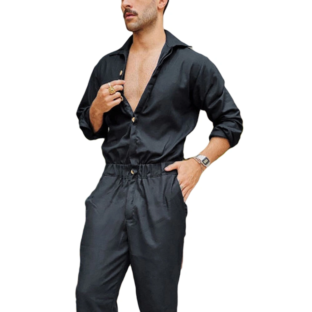 Men’ s Jumpsuit, Turn-Down Collar Long Sleeve Playsuits Romper