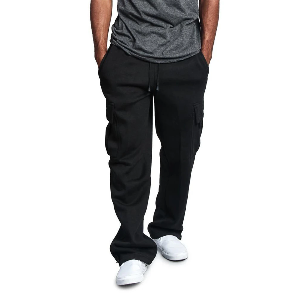 Men Solid Color Sweatpants, Casual Style Cargo Pants with Pockets Drawstring