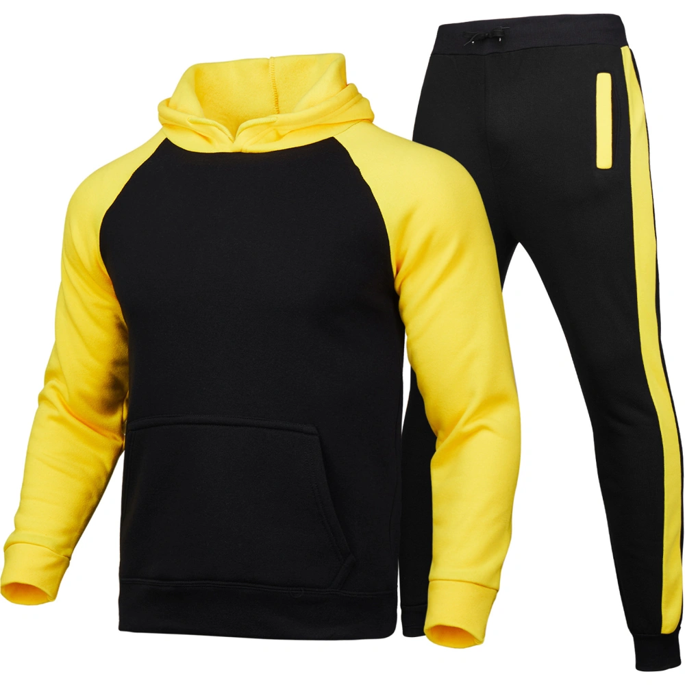 2Pcs Men Autumn Sportswear, Match Color Hooded Sweatshirt + Pants Suit