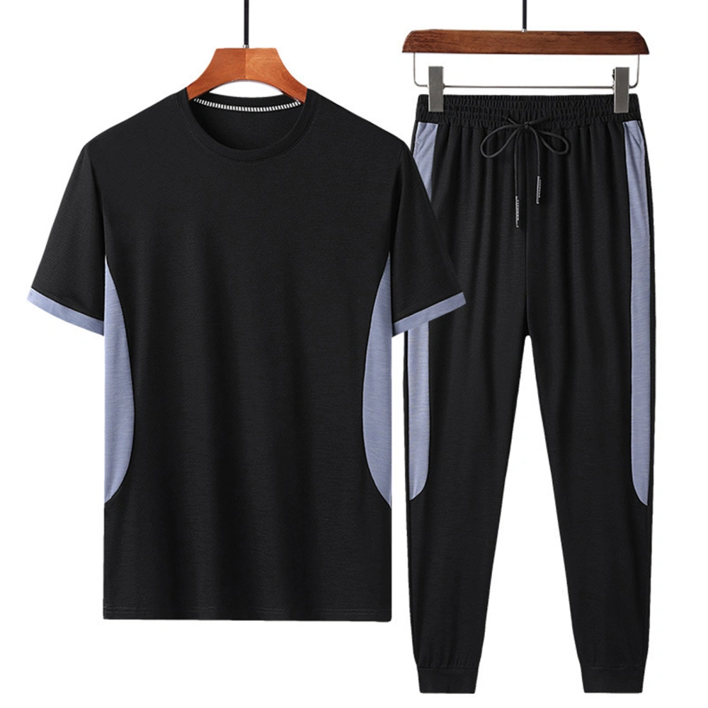 Man's Contrast Color Suit, Round Neck Short Sleeve T-shirt, Casual Trousers