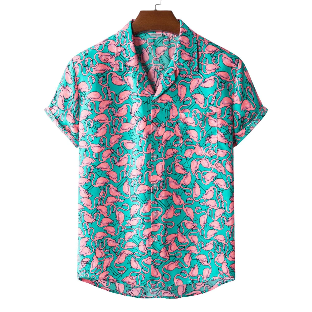 Men Ethnic Style Print Shirt, Short Sleeve Lapel Neck Button Up Tops