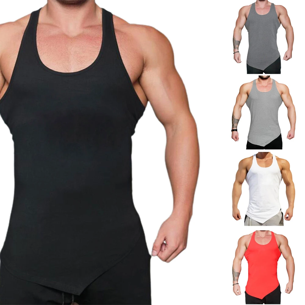 Breathable Men Fitness Vest, Solid Color Irregular Hem Tank Top