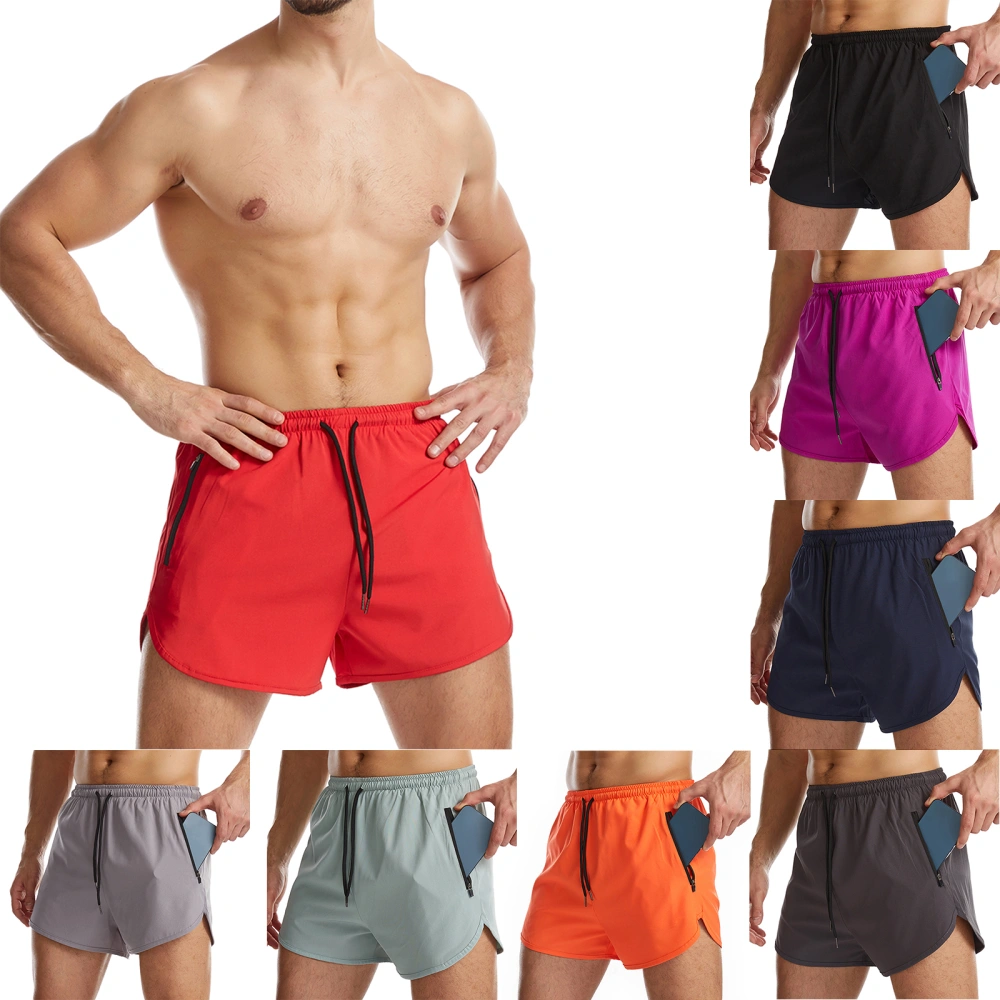 Men Sports Shorts, Solid Color Pants with Zipper Pocket, Drawstring