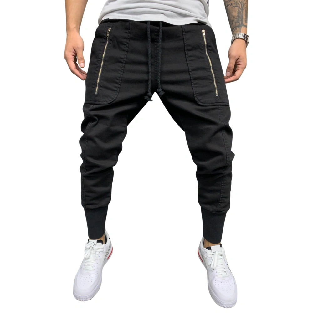 Men Casual Pants, Solid Color Tied Middle Waist Trousers with Pockets