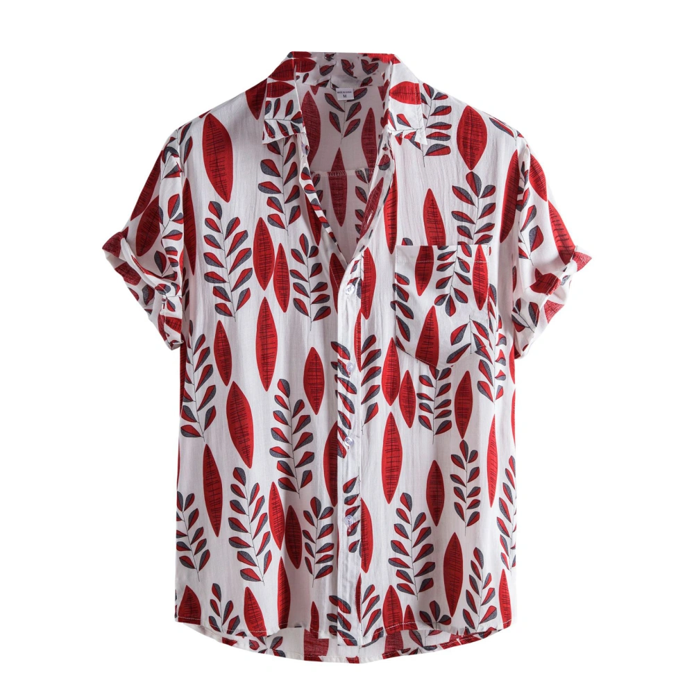 Men Leaf Print Button-up Blouse, Loose Short Sleeve Lapel Neck Shirt