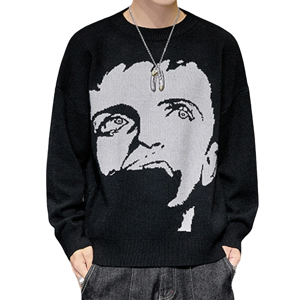 Men Jumper Sweater, Portrait Long-Sleeves Knitted Loose Pullover