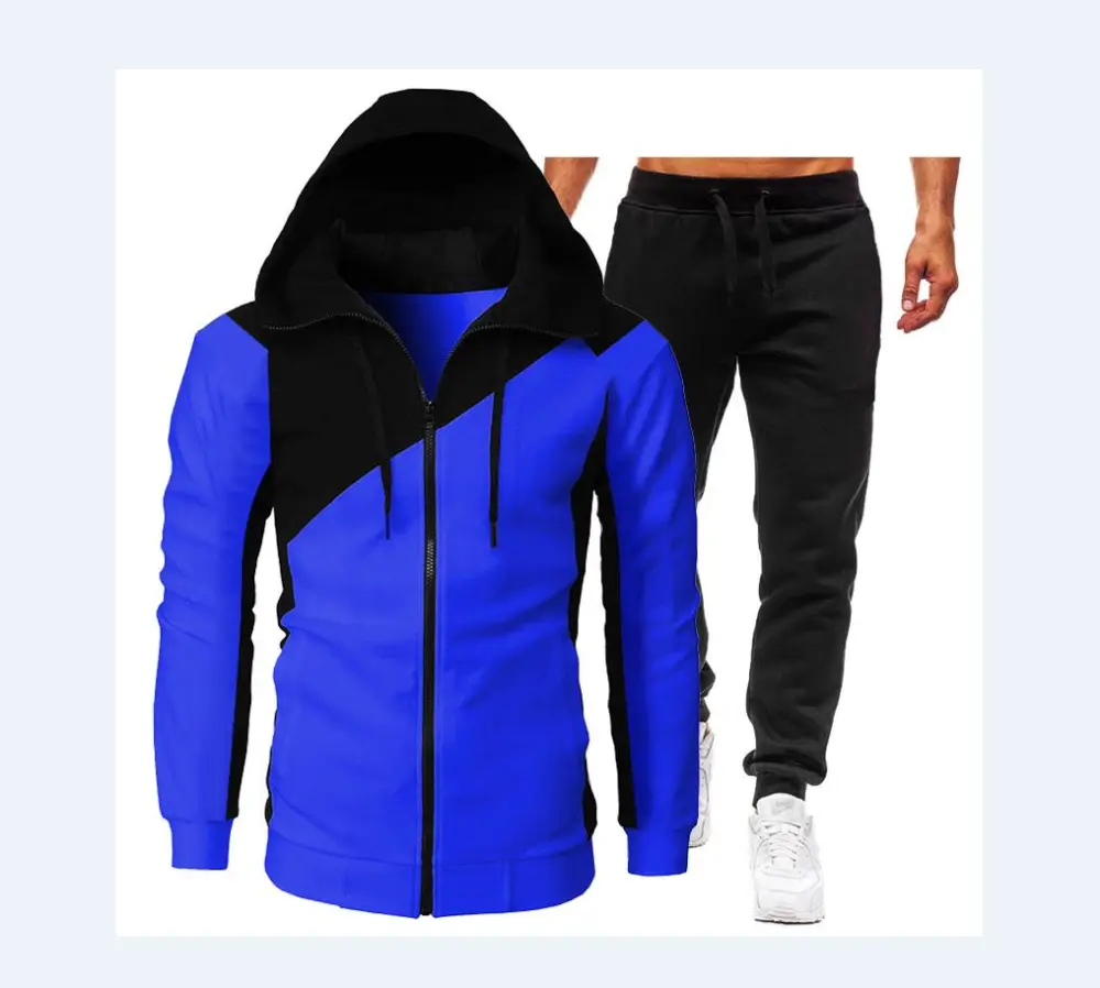 Men Clothes Set, Contrast Color Hoodies+Solid Color Drawstring Pant