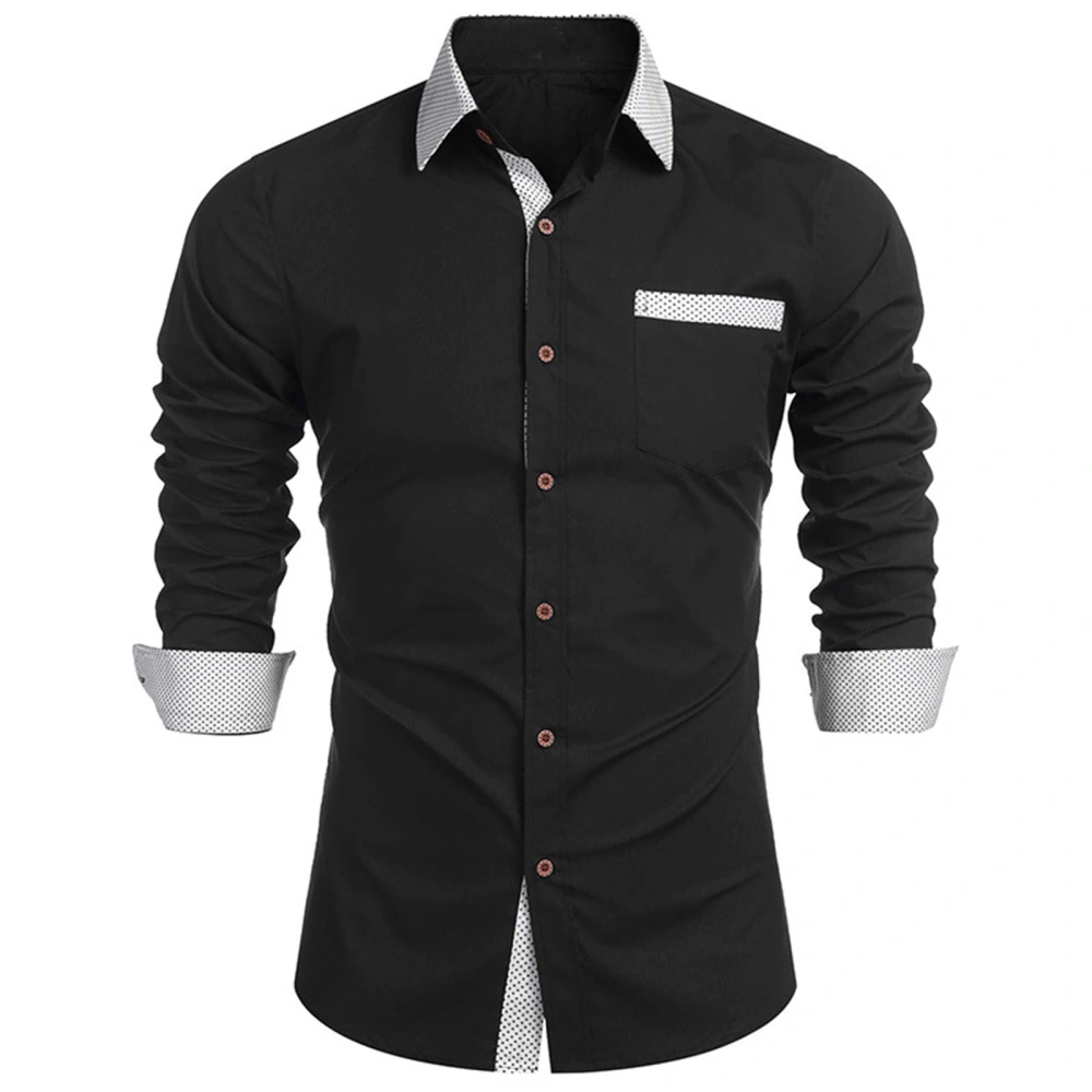 Men Long Sleeve Shirt with Color Block, Skinny Dot Print Pocket