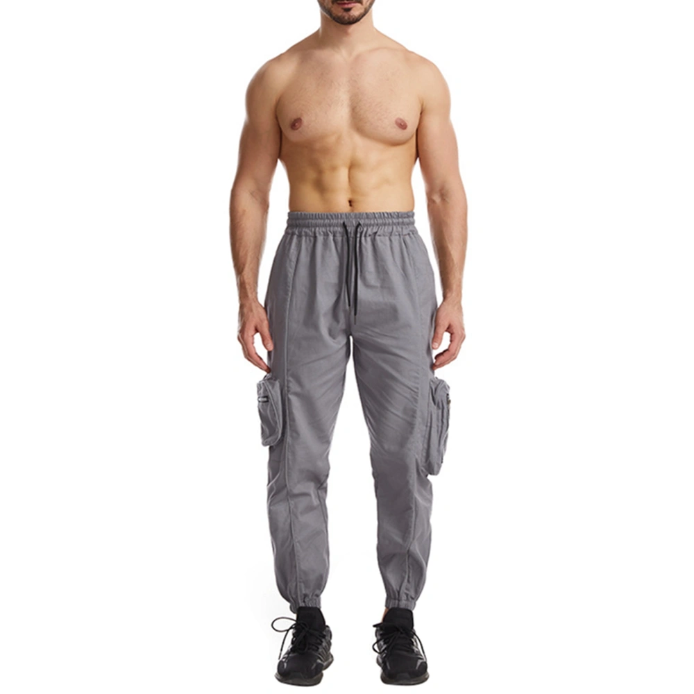 Men Drawstring Pants Reflective Stripes Middle Casual Jogger Trousers