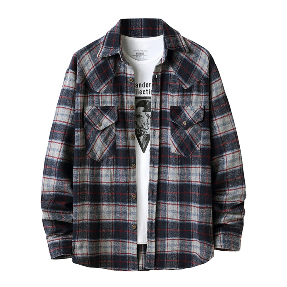 Men’s Plaid Lapel Button Flannel Long Sleeve Shirt Coat with Pockets