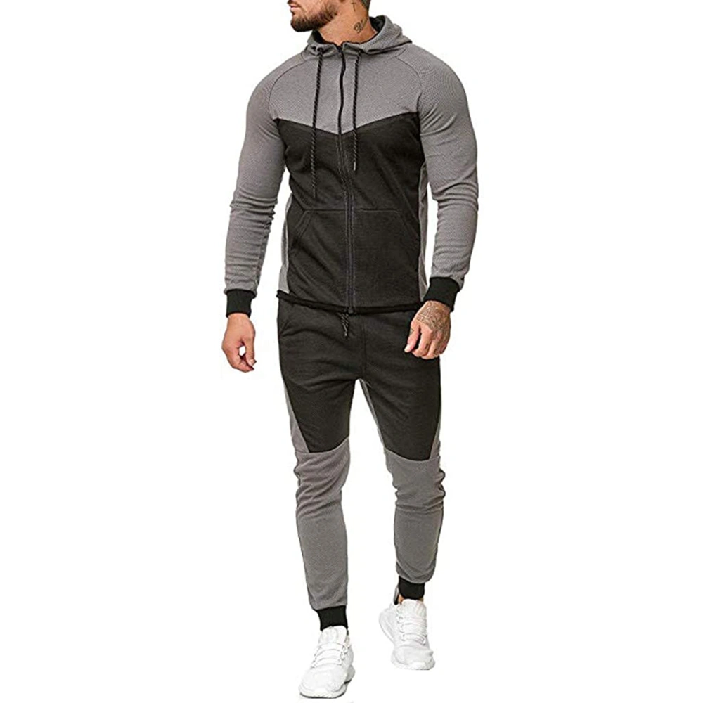 Men Hooded Tops Patch Color Shirt Sports Running Jogger Pants