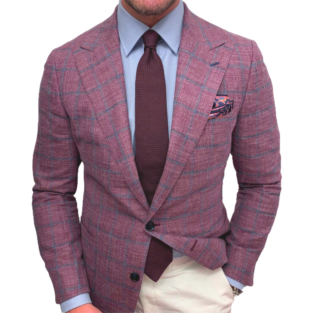 Men's Blazer, Plaid/Plain Color Lapel Long Sleeve Button Suit Coat