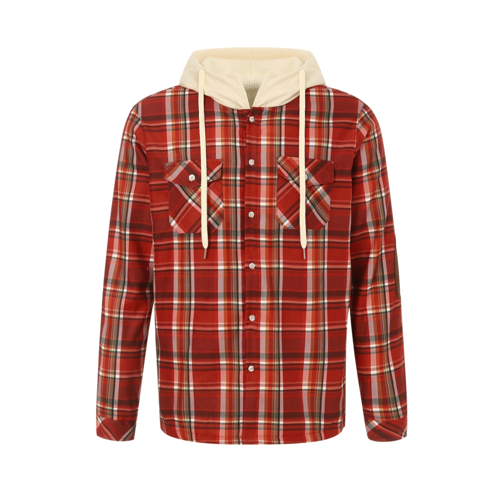 Men's Hooded Coat, Plaid Pattern Patchwork Thickened Button Tops