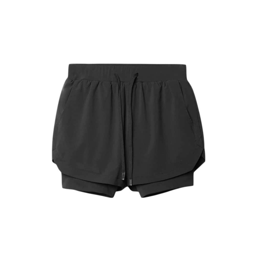 Men Sports Shorts Double Layer Solid Color Drawstring Short Pants