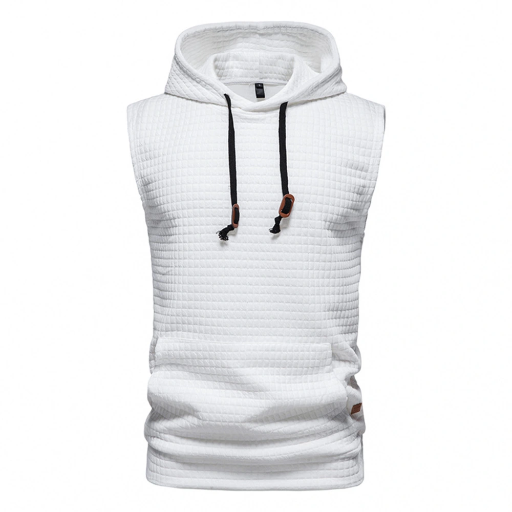 Men Sports Sweatshirt Vest, Plaid Texture Sleeveless Hooded Tops