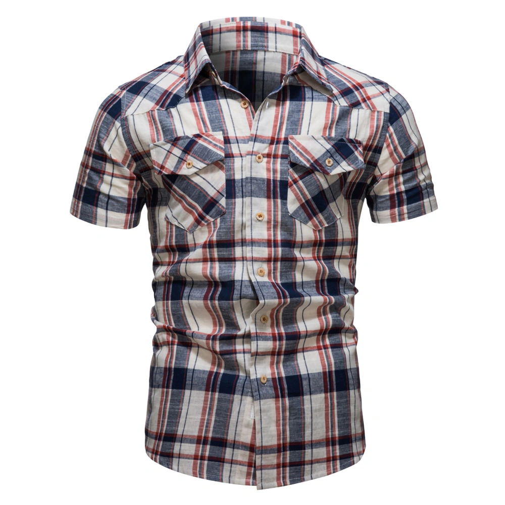 Men Short Sleeve Shirts Contrast Color Plaid Casual Tops with Pockets