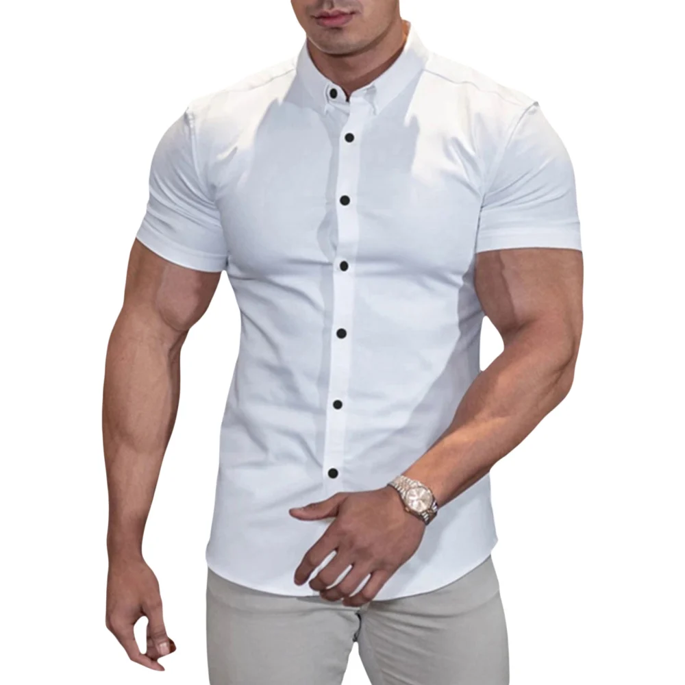 Men Shirt, Solid Color Short Sleeve Lapel Neck Button-Down Tops