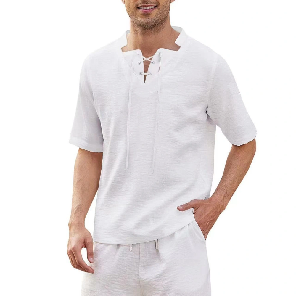 Men Short Sleeve Tops, Solid Color Bandage Irregular Neck Loose Blouse