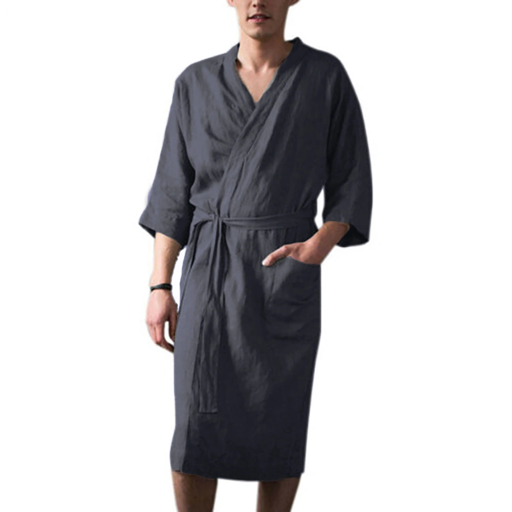 Men's 3/4 Sleeve Sleepwear, Pure Color V-Neck Belted Pajamas