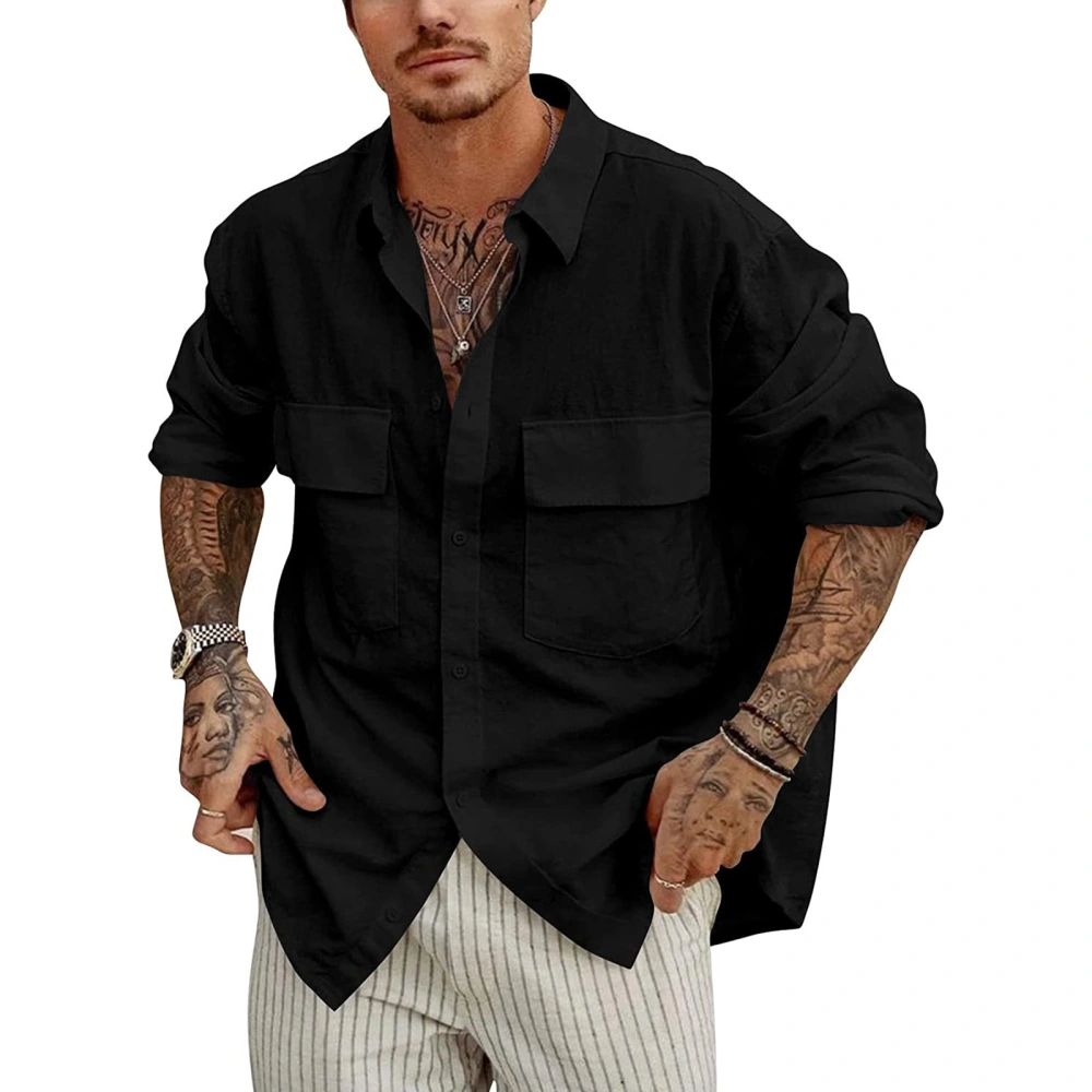 Men Business Dress Shirt Long Sleeve Loose Shirt with Breast Pockets