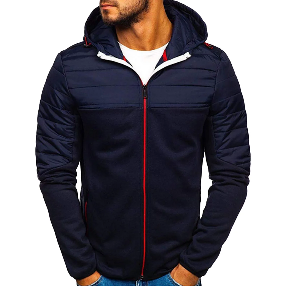 Men Hooded Jacket, Long Sleeve Patchwork Zipper Closure Fall Outwear