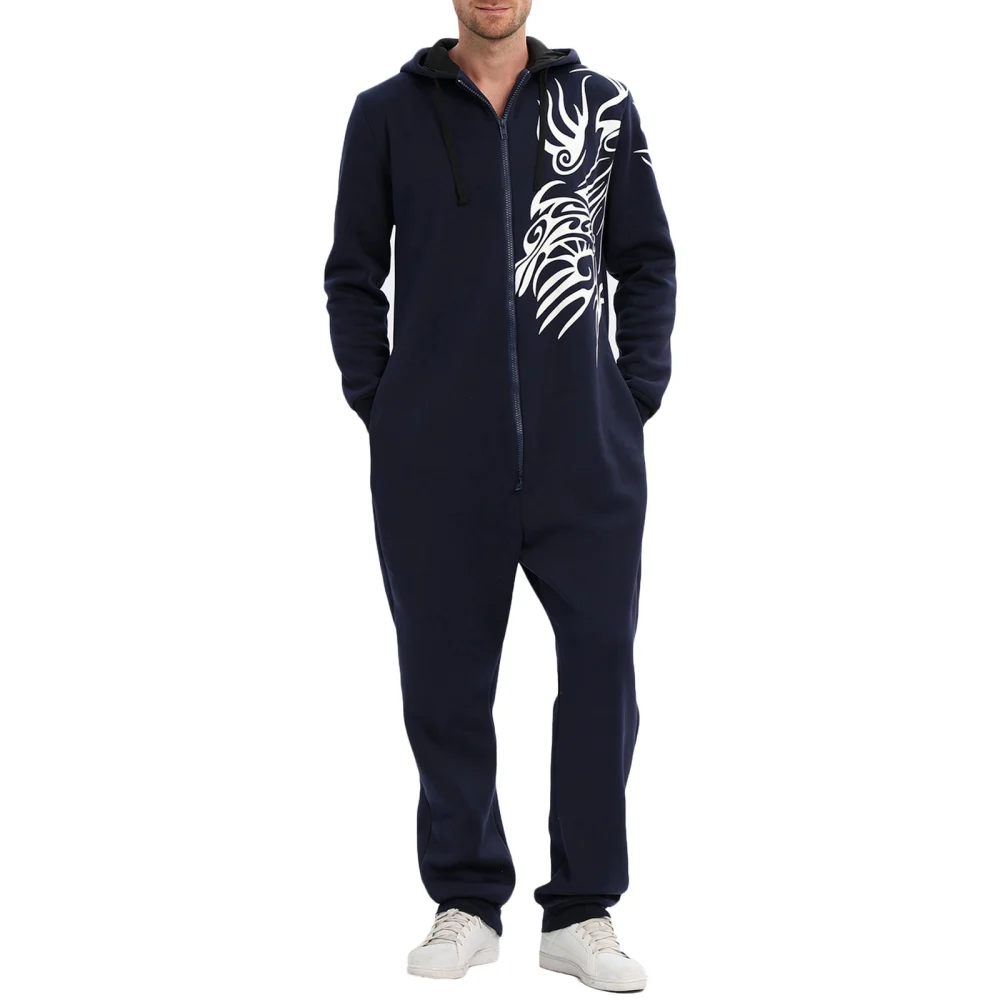 Men's Zip Hooded Jumpsuit, Long Sleeve Drawstring One Piece Tracksuits