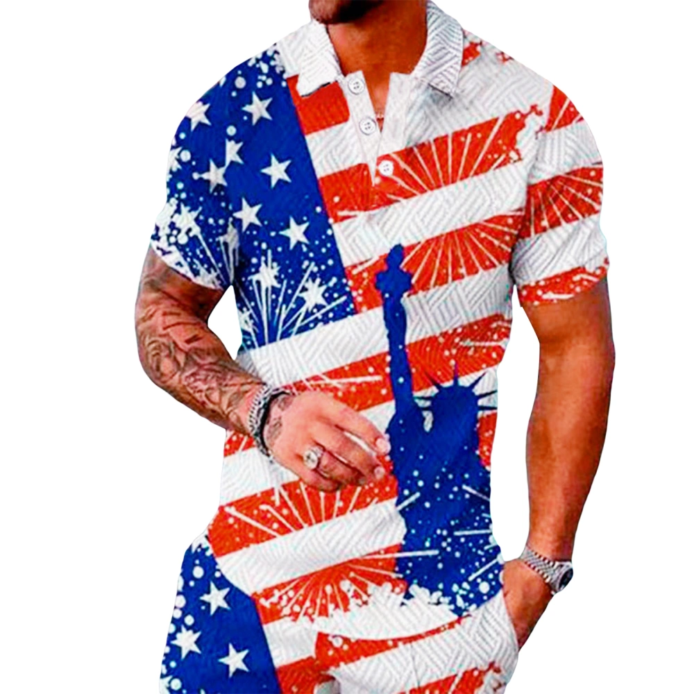 Independence Day Men T-Shirt Stripe Stars Print Turn-Down Collar Tops