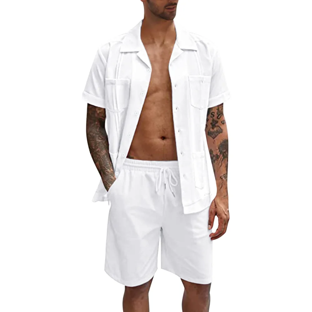 Men 2-piece Shorts Set, Short Sleeve Shirt with Elastic Waist Shorts