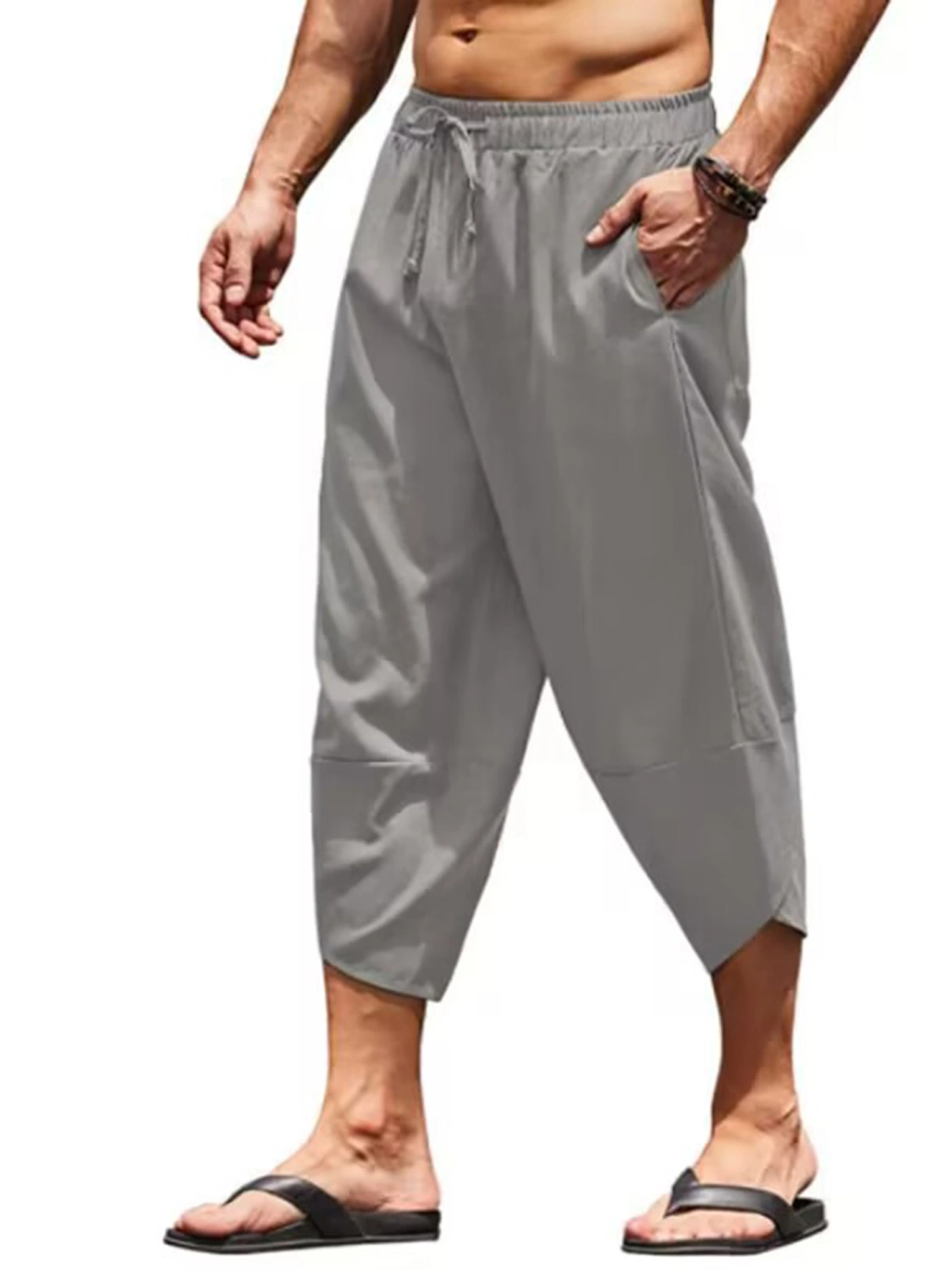 Men's Loose Harem Pants Drawstring Elastic Waist Capri Pants