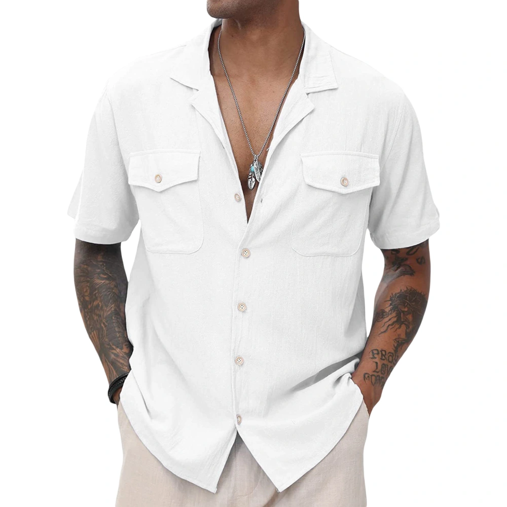 Men's Casual Lapel Collar Shirt, Solid Button-Down Short Sleeve Tops