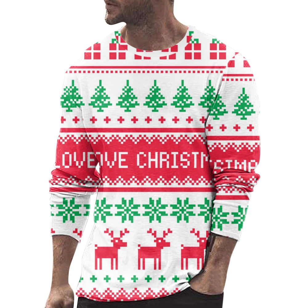 Men Christmas T-shirt, Long Sleeve Santa Claus Snowman Print Tops