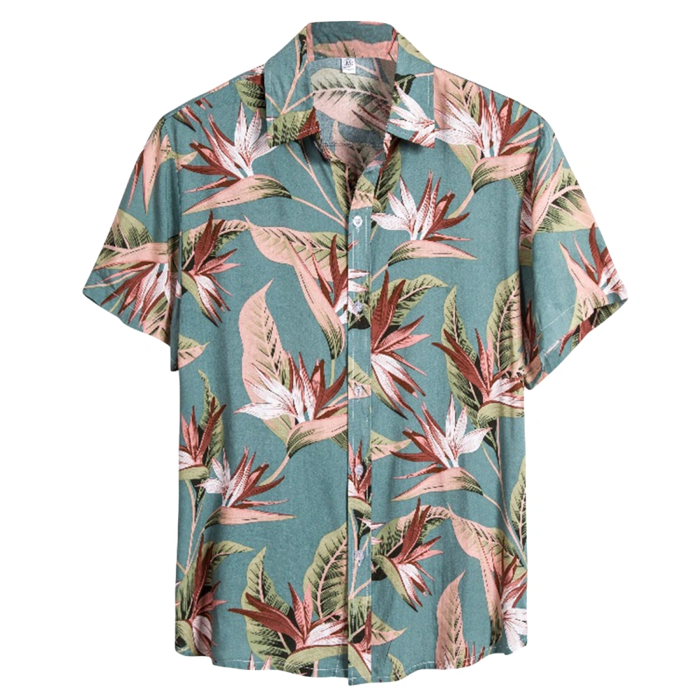 Men’s Shirt, Short Sleeve Button-down Leaves Print Summer Tops