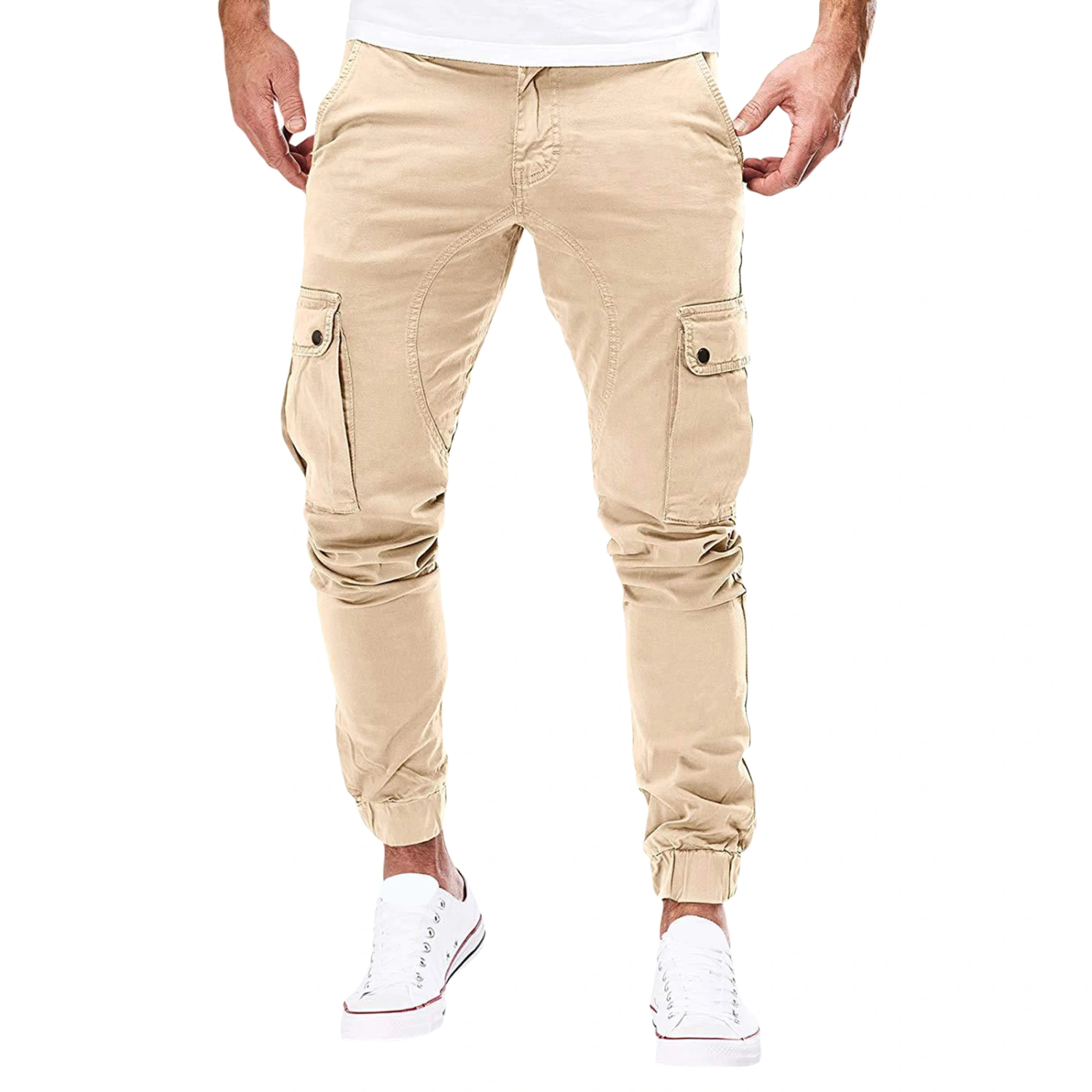 Men Slim Cargo Long Pants, Solid Middle Waist Straight Leg Trousers