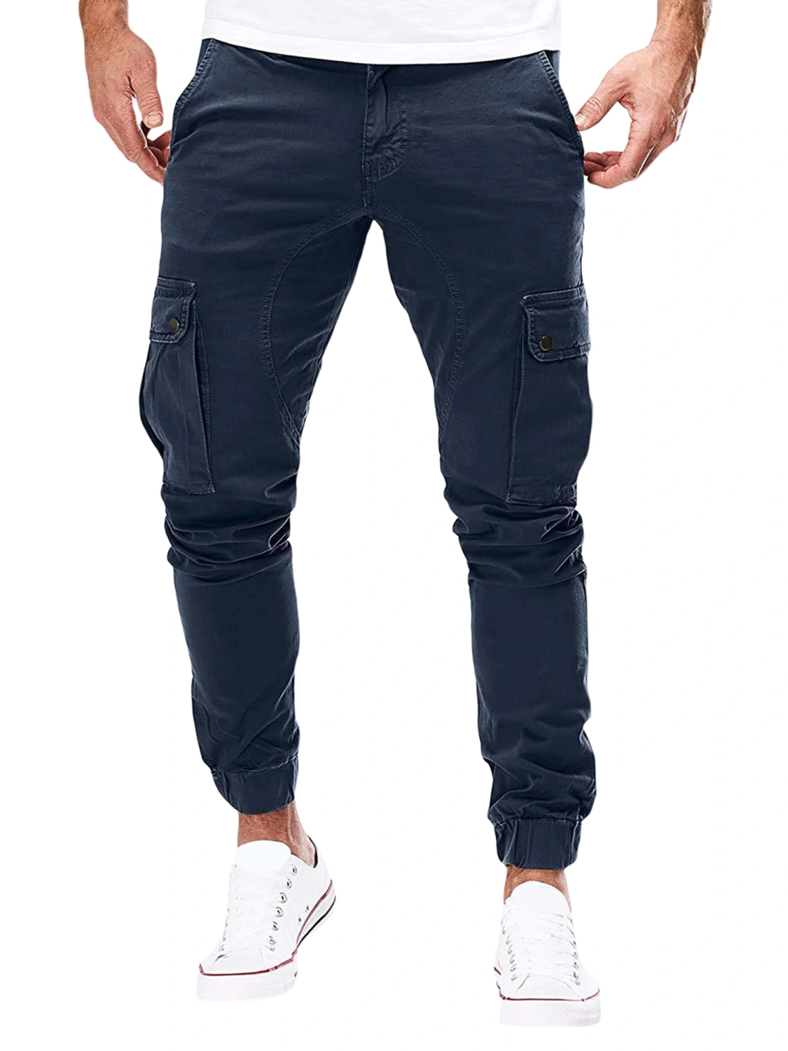 Men Slim Cargo Long Pants, Solid Middle Waist Straight Leg Trousers