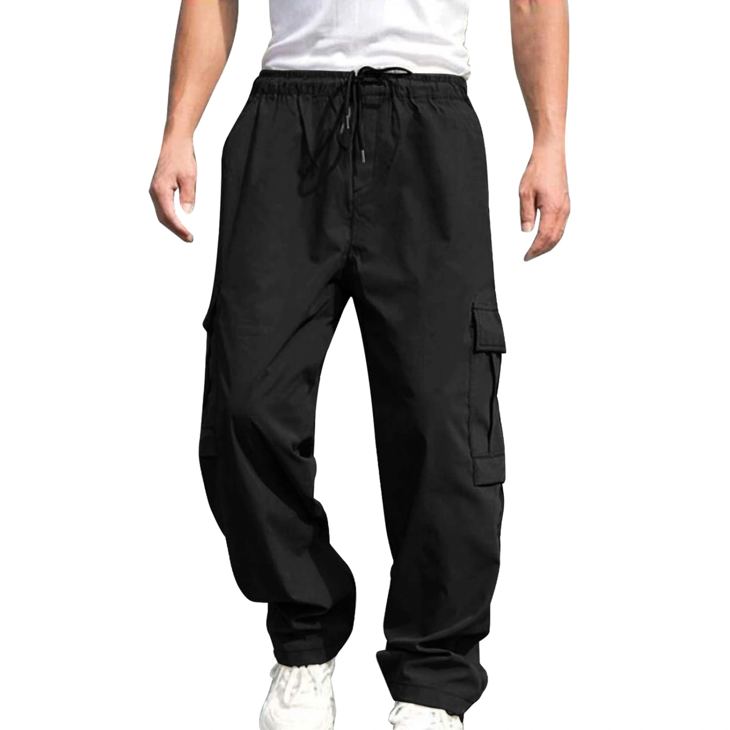 Men's Loose Cargo Pants, Solid Drawstring Waist Straight Leg Trousers