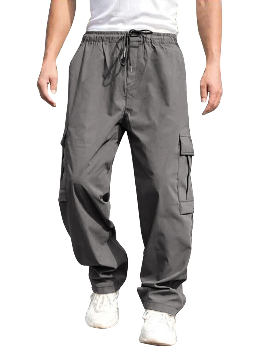 Men's Loose Cargo Pants, Solid Drawstring Waist Straight Leg Trousers