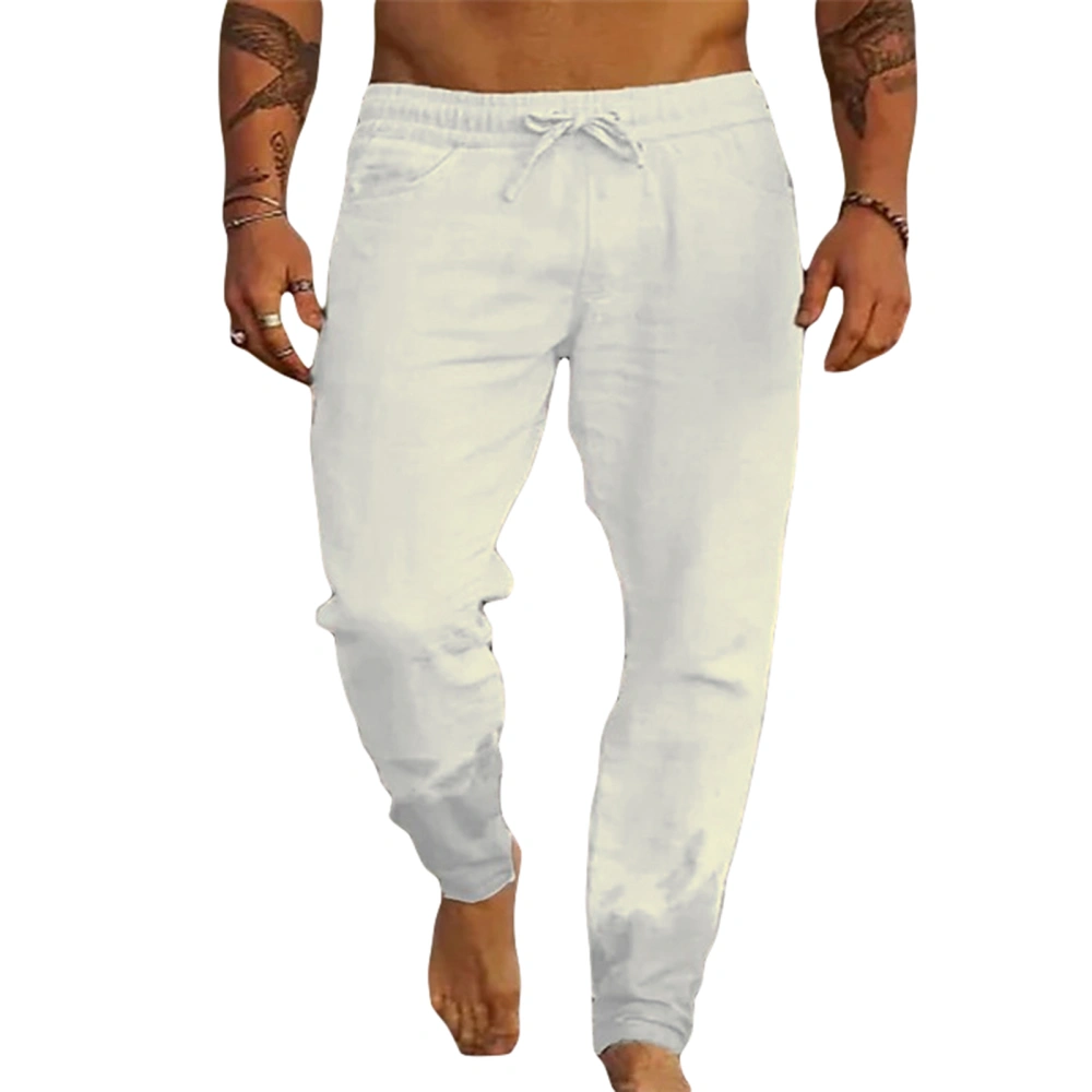 Men Fashion Pants Solid Color Elastic Drawstring Beach Workout Trouser