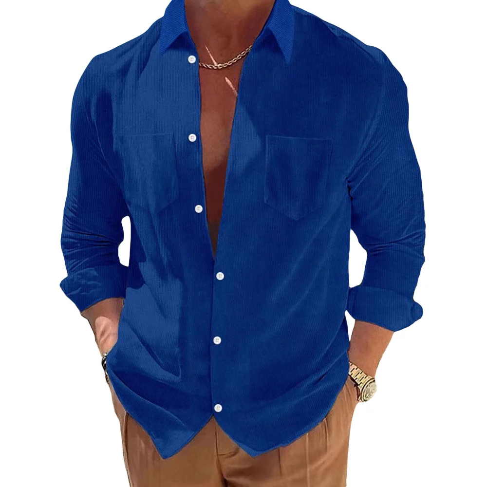 Men's Casual Corduroy Shirt, Solid Color Long Sleeve Slim Tops