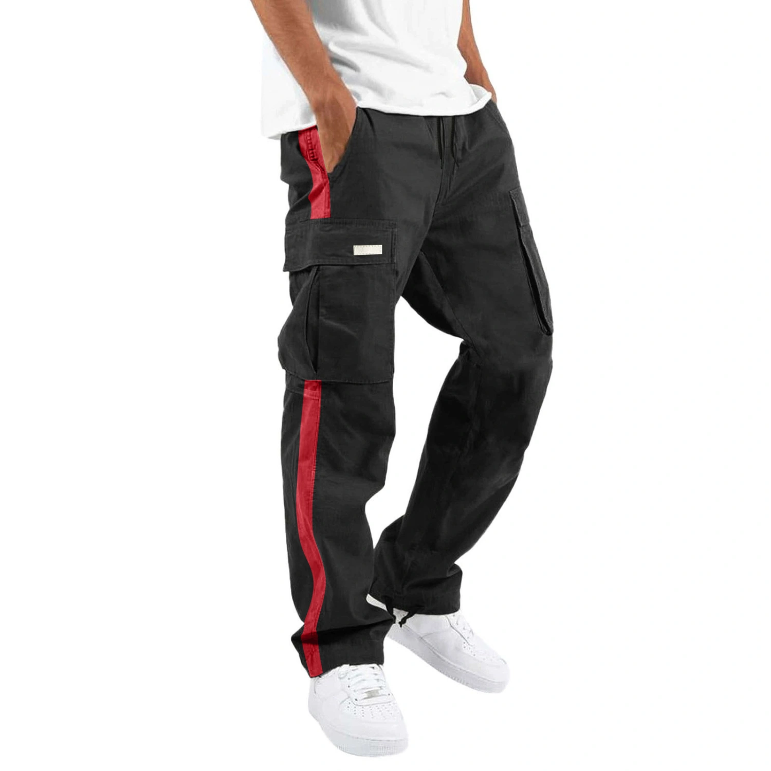 Men Baggy Pants Drawstring Waistband Contrast Color Cargo Pants