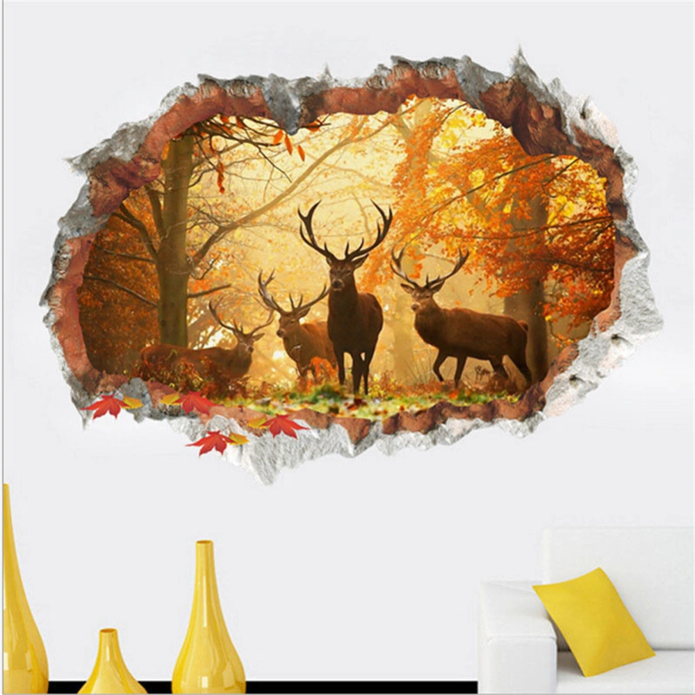 Christmas Wall Decals Vivid 3D Forest Elk Cracked Hole Vinyl Wall Stickers