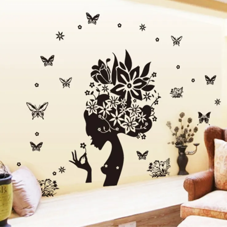 Black Rose Girl Butterfly Wall Sticker for Living Room Decoration